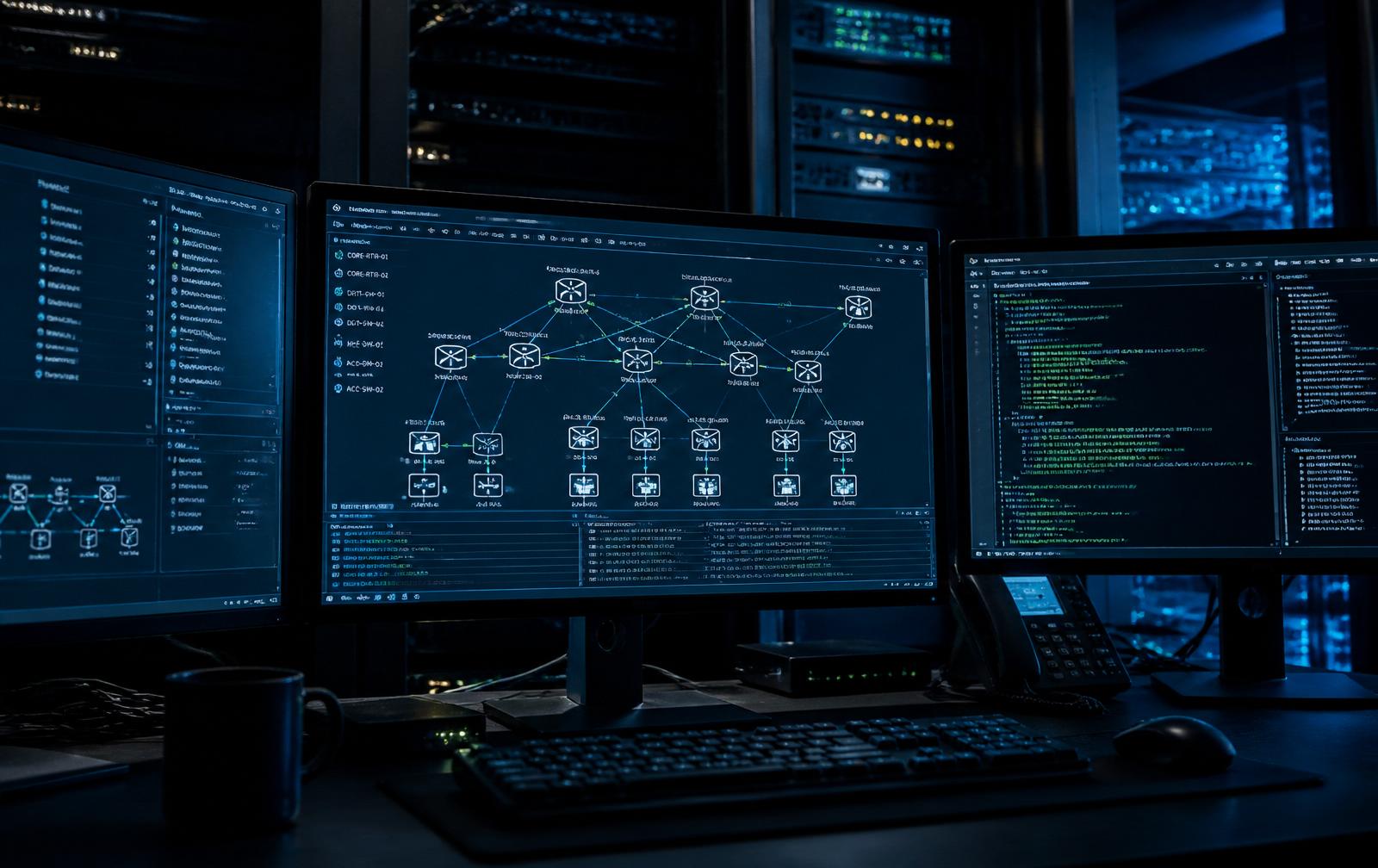 Network engineer workstation showing a GNS3 topology across multiple monitors